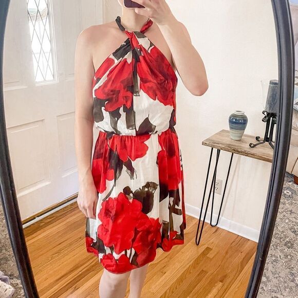 Alice + Olivia Halter Twist Neck Mini Dress Red Floral L - Picture 1 of 7